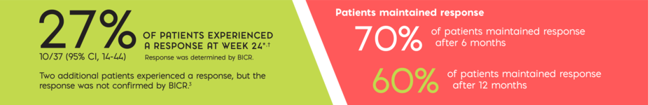 27% of patients experienced a response at week 24. 70% of patients maintained response after 6 months. 60% of patients maintained response after 12 months.