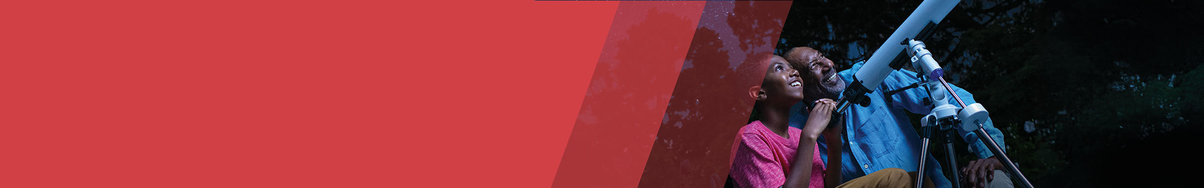 Red section header with a child and older man on the right smiling and looking through a telescope at night, surrounded by trees and a dark sky.